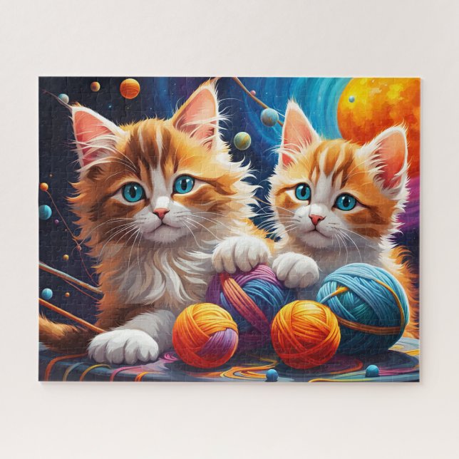 Fluffy cute Tabby Kittens, Colourful Yarn, Space Jigsaw Puzzle (Horizontal)
