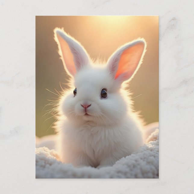 Fluffy, cute, white bunny, custom holiday postcard (Front)