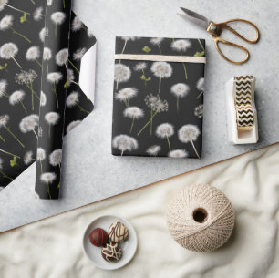 Fluffy Dandelions On Black Wrapping Paper