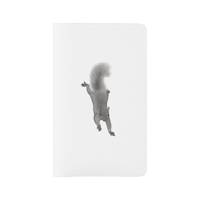 Fluffy Digitally Drawn Grey Squirrel Climbing Down Large Moleskine Notebook (Front)