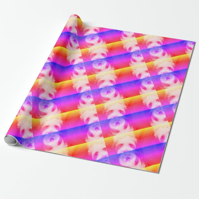 Fluffy dog repeat pattern with tropical brights wrapping paper (Unrolled)
