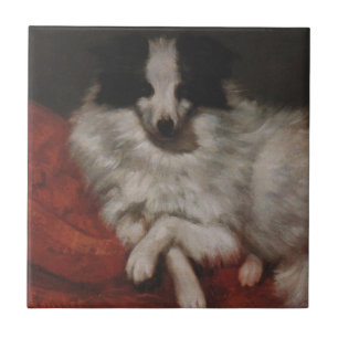 Fluffy Dog Sitting on a Cushion (Gustave Courbet) Ceramic Tile