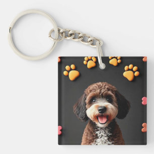 Fluffy Dog Surrounded by Toys Key Ring