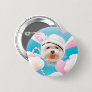 Fluffy Dog with White Hat 6 Cm Round Badge