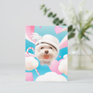 Fluffy Dog with White Hat Announcement Postcard