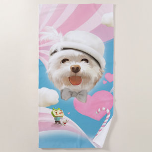 Fluffy Dog with White Hat Beach Towel