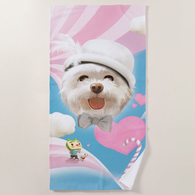Fluffy Dog with White Hat Beach Towel (Front)