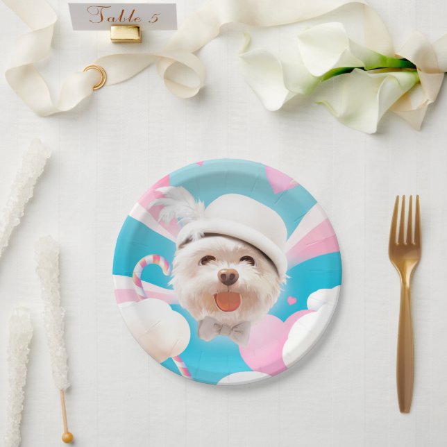 Fluffy Dog with White Hat Paper Plate (Wedding)