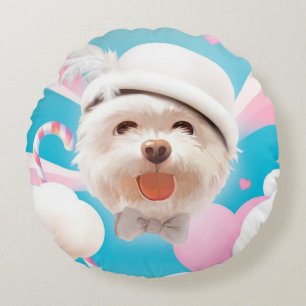 Fluffy Dog with White Hat Round Cushion