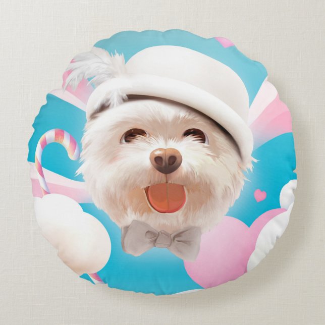 Fluffy Dog with White Hat Round Cushion (Front)