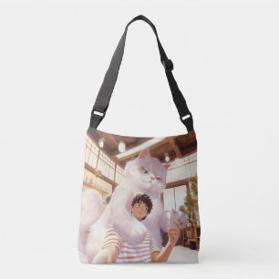 Fluffy Giant: White Cat Selfie at Retro Cafe Crossbody Bag