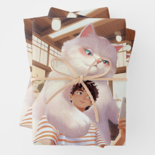 Fluffy Giant: White Cat Selfie at Retro Cafe Wrapping Paper Sheet