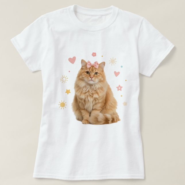 Fluffy Ginger Cat with Pink Bow T-Shirt (Design Front)