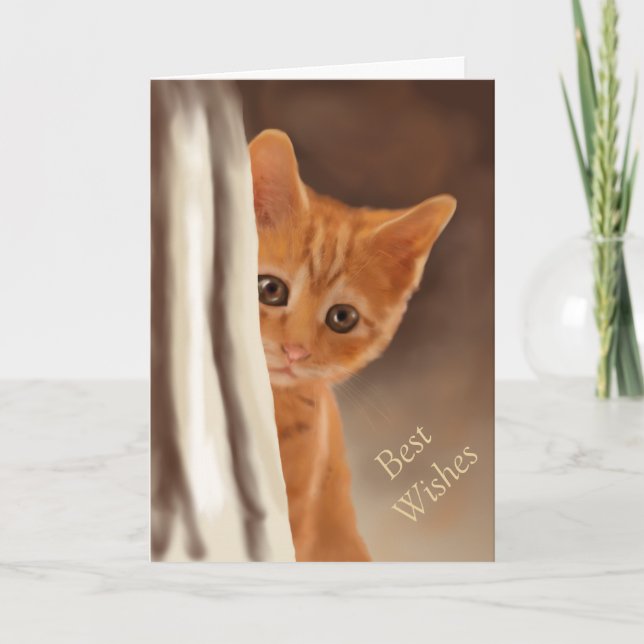 Fluffy Ginger Kitten Behind Curtain Card (Front)