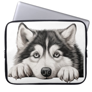 FLUFFY GRAY AND WHITE ALASKAN MALAMUTE DOG LAPTOP SLEEVE