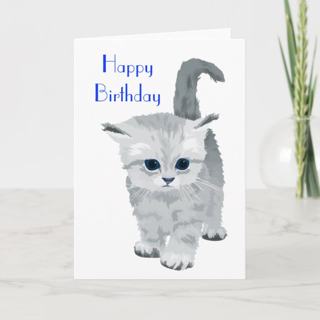 Fluffy Gray Kitten Birthday Card (Front)