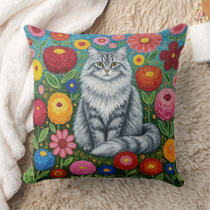 Fluffy Gray Striped Cat with Folk Art Flowers Cushion