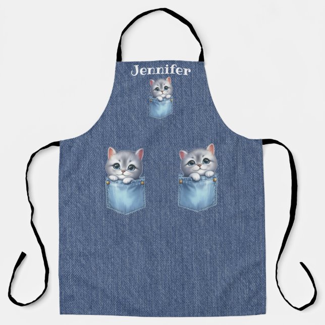 Fluffy Grey Cat All-Over Print Apron (Front)