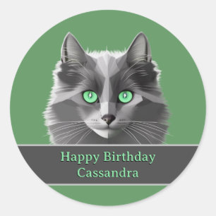 Fluffy Grey Cat and Birthday or Occasion Message Classic Round Sticker