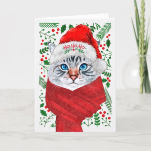 Fluffy Grey Cat in a Santa Hat Meowy Christmas Holiday Card