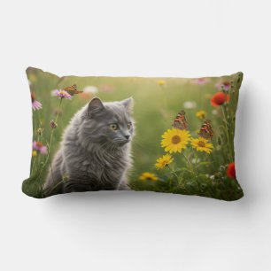 fluffy grey cat looks at butterflies lumbar cushion