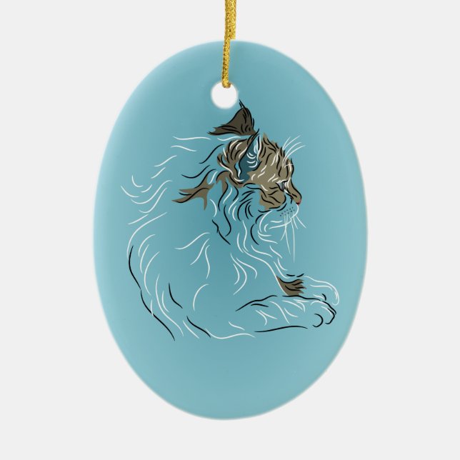 Fluffy Grey Cat on Blue Background Ceramic Tree Decoration (Front)