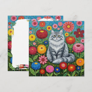 Fluffy Grey Striped Cat with Folk Art Flowers Card