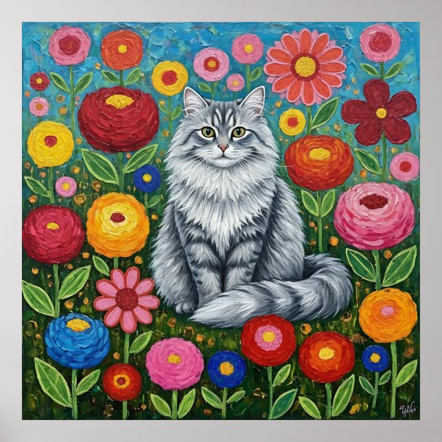 Fluffy Grey Striped Cat with Folk Art Flowers Poster (Front)