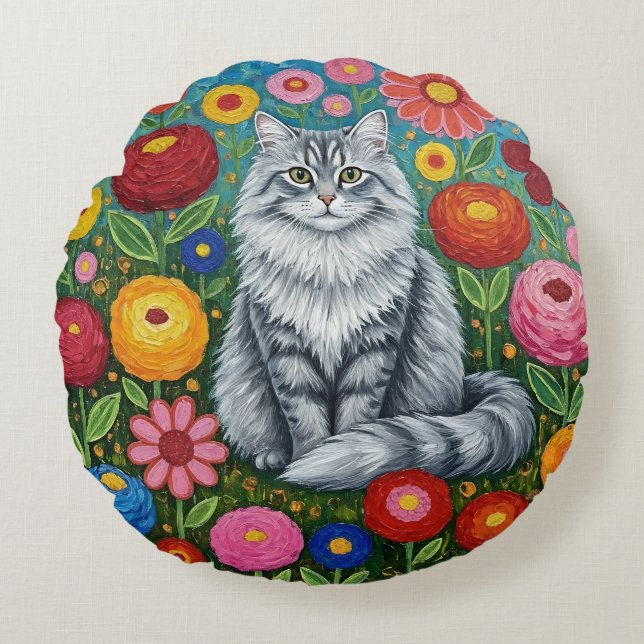 Fluffy Grey Striped Cat with Folk Art Flowers Round Cushion (Front)