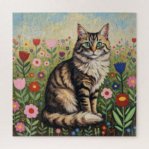 Fluffy Grey Tabby Cat and Folk Art Flowers Jigsaw Puzzle