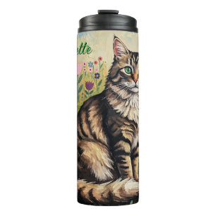 Fluffy Grey Tabby Cat and Folk Art Flowers Thermal Tumbler
