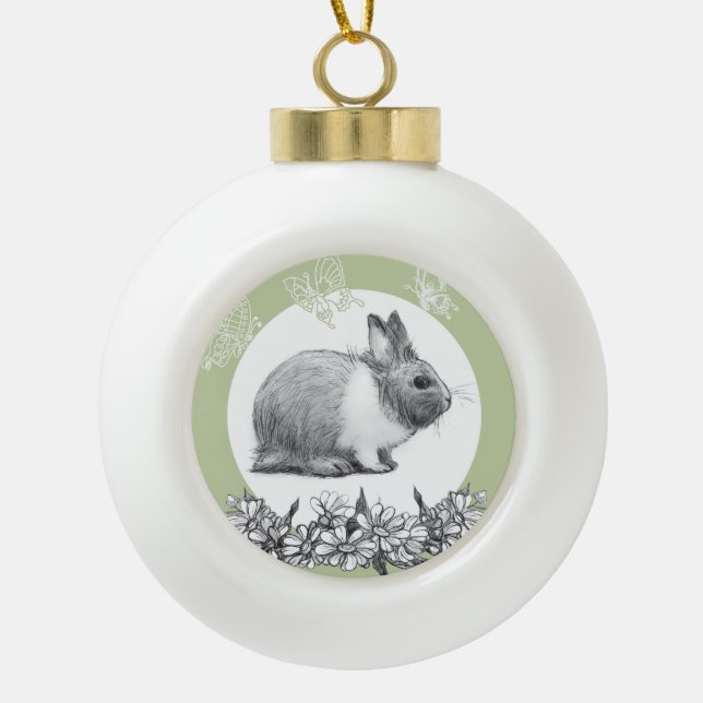 Fluffy hare with butterflies on green background ceramic ball christmas ornament (Front)