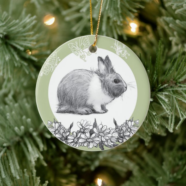 Fluffy hare with butterflies on green background ceramic ornament (Tree)