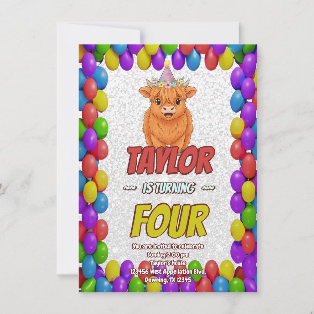 Fluffy Highland Cow Birthday Invite (Front)