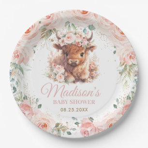 Fluffy Highland Cow Floral Baby Shower Birthday Paper Plate