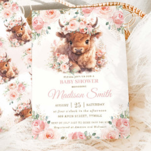 Fluffy Highland Cow Pink Blush Floral Baby Shower Invitation