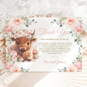 Fluffy Highland Cow Pink Blush Floral Baby Shower Thank You Card