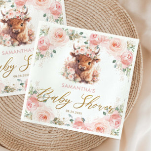 Fluffy Highland Cow Pink Floral Baby Shower Napkin