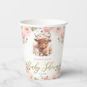 Fluffy Highland Cow Pink Floral Baby Shower Paper Cups
