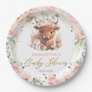 Fluffy Highland Cow Pink Floral Baby Shower Paper Plate