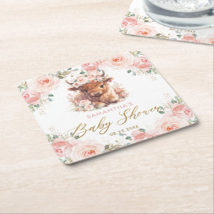 Fluffy Highland Cow Pink Floral Baby Shower Square Paper Coaster