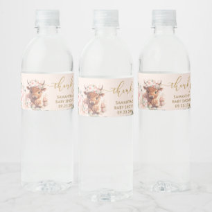 Fluffy Highland Cow Pink Floral Baby Shower Water Bottle Label