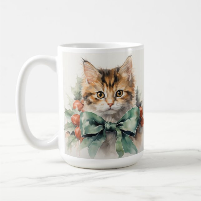 FLUFFY HOLIDAY CALICO KITTEN WITH GREEN BOW COFFEE MUG (Left)