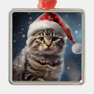 FLUFFY HOLIDAY CHRISTMAS BROWN TABBY KITTEN METAL ORNAMENT