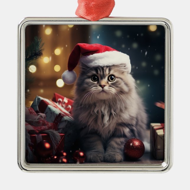 FLUFFY HOLIDAY CHRISTMAS GRAY TABBY KITTEN METAL ORNAMENT (Front)
