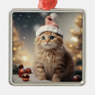 FLUFFY HOLIDAY CHRISTMAS ORANGE TABBY KITTEN METAL ORNAMENT