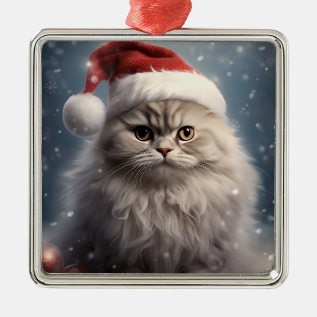 FLUFFY HOLIDAY CHRISTMAS PERSIAN TABBY KITTEN METAL ORNAMENT (Front)