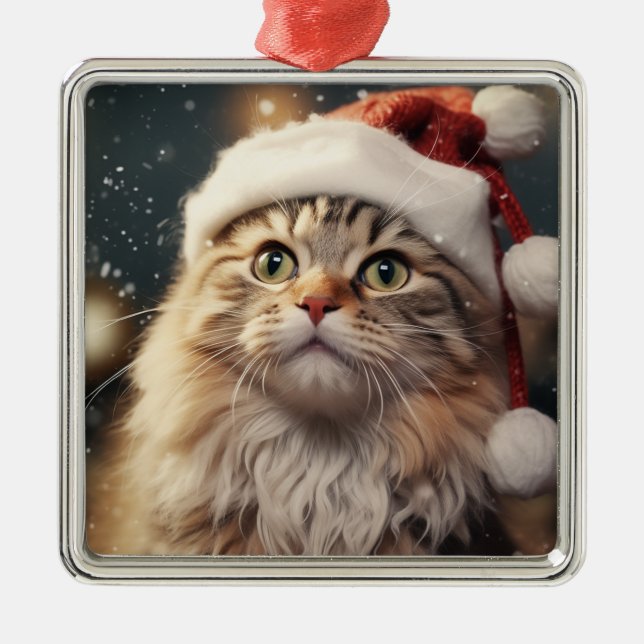 FLUFFY HOLIDAY CHRISTMAS PERSIAN TABBY KITTEN METAL ORNAMENT (Front)