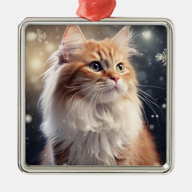 FLUFFY HOLIDAY CHRISTMAS TABBY KITTEN METAL ORNAMENT (Front)