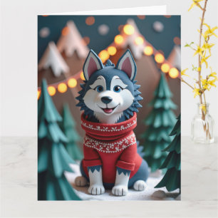 Fluffy Husky in Snowy Christmas Mountain Scene Card